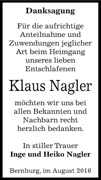 Traueranzeige von Klaus Nagler von Mitteldeutsche Zeitung Bernburg