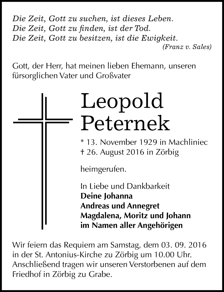  Traueranzeige für Leopold Peternek vom 31.08.2016 aus Mitteldeutsche Zeitung Bitterfeld