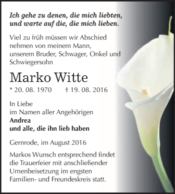 Traueranzeige von Marko Witte von WVG - Wochenspiegel Quedlinburg