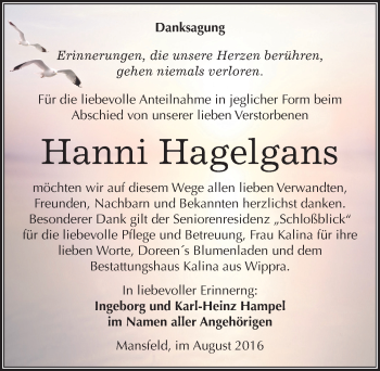 Traueranzeige von Hanni Hagelgans von Mitteldeutsche Zeitung Mansfelder Land