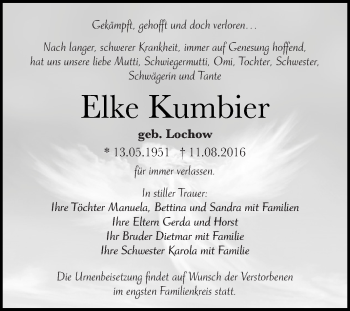 Traueranzeige von Elke Kumbier von WVG - Wochenspiegel Dessau / Köthen