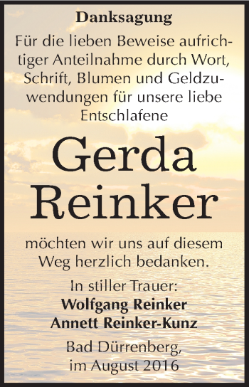 Traueranzeige von Gerda Reinker von Mitteldeutsche Zeitung Merseburg/Querfurt