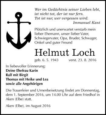 Traueranzeige von Helmut Loch von Mitteldeutsche Zeitung Köthen