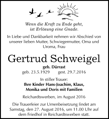 Traueranzeige von Gertrud Schweigel von Mitteldeutsche Zeitung Weißenfels