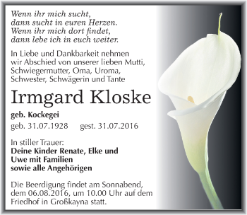 Traueranzeige von Irmgard Kloske von Mitteldeutsche Zeitung Merseburg/Querfurt
