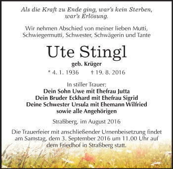 Traueranzeige von Ute Stingl von Mitteldeutsche Zeitung Quedlinburg