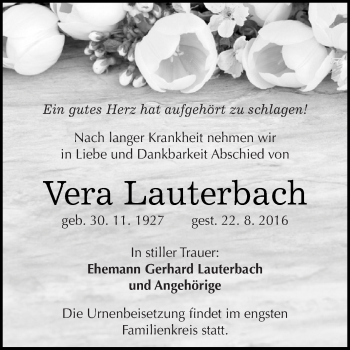 Traueranzeige von Vera Lauterbach von WVG - Wochenspiegel Dessau / Köthen