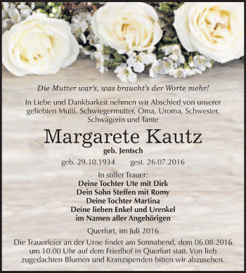 Traueranzeige von Margarete Kautz von WVG - Wochenspiegel Merseburg