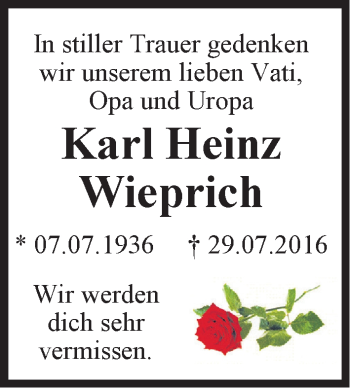 Traueranzeige von Karl Heinz Wieprich von Mitteldeutsche Zeitung Aschersleben