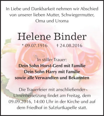 Traueranzeige von Helene Binder von WVG - Wochenspiegel Bitterfeld