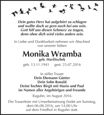 Traueranzeige von Monika Wramba von WVG - Wochenspiegel Bitterfeld