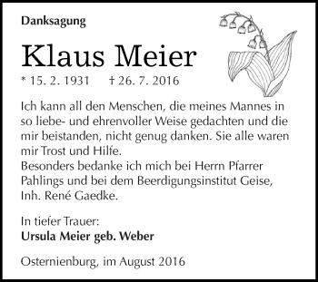Traueranzeige von Klaus Meier von WVG - Wochenspiegel Dessau / Köthen