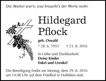 Traueranzeige von Hildegard Pflock von Mitteldeutsche Zeitung Halle/Saalkreis