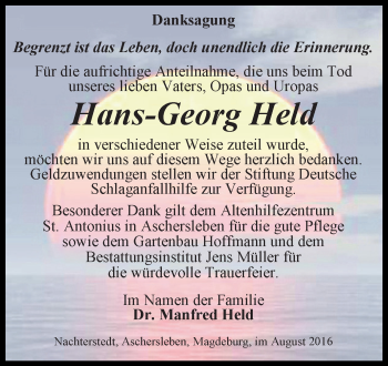 Traueranzeige von Hans-Georg Held von Super Sonntag Aschersleben