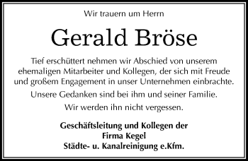 Traueranzeige von Gerald Bröse von Mitteldeutsche Zeitung Mansfelder Land