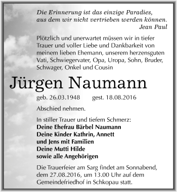 Traueranzeige von Jürgen Naumann von Mitteldeutsche Zeitung Merseburg/Querfurt