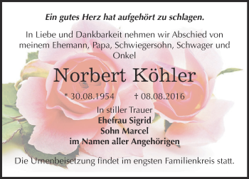 Traueranzeige von Norbert Köhler von Super Sonntag Bernburg