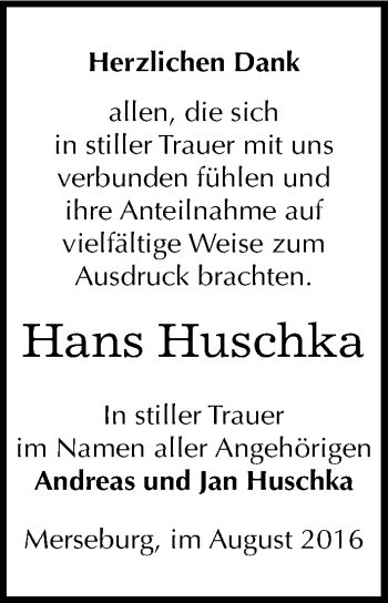 Traueranzeige von Hans Huschka von Mitteldeutsche Zeitung Merseburg/Querfurt