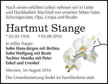 Traueranzeige von Hartmut Stange von WVG - Wochenspiegel Dessau / Köthen