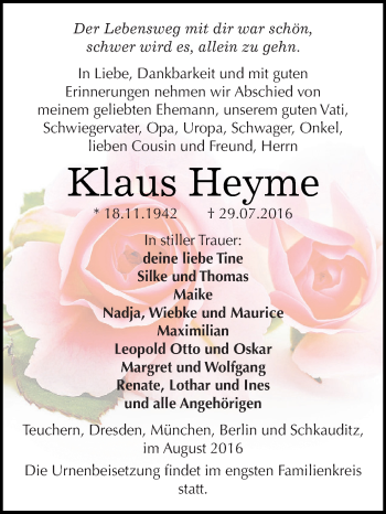 Traueranzeige von Klaus Heyme von WVG - Wochenspiegel NMB / WSF / ZTZ
