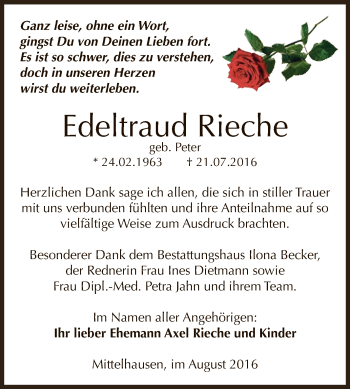 Traueranzeige von Edeltraud Rieche von Super Sonntag SGH Mansf. Land