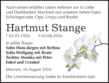 Traueranzeige von Hartmut Stange von Mitteldeutsche Zeitung Köthen