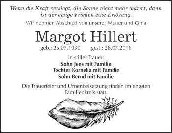 Traueranzeige von Margot Hillert von Super Sonntag Wittenberg