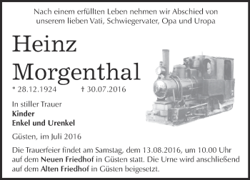 Traueranzeige von Heinz Morgenthal von Super Sonntag Bernburg