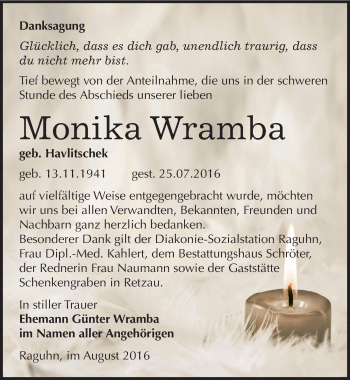 Traueranzeige von Monika Wramba von Mitteldeutsche Zeitung Bitterfeld