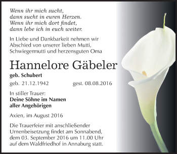 Traueranzeige von Hannelore Gäbeler von Mitteldeutsche Zeitung Wittenberg
