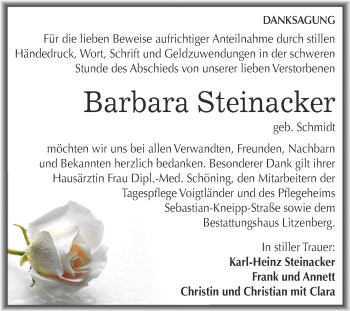 Traueranzeige von Barbara Steinacker von Wochenspiegel Mansfelder Land