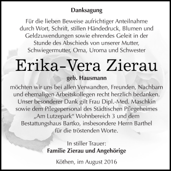 Traueranzeige von Erika-Vera Zierau von WVG - Wochenspiegel Dessau / Köthen