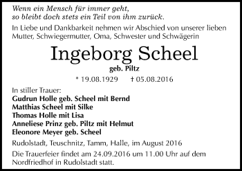 Traueranzeige von Ingeborg Scheel von Mitteldeutsche Zeitung Halle/Saalkreis