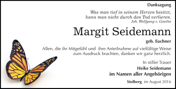 Traueranzeige von Margit Seidemann von Super Sonntag SGH Mansf. Land