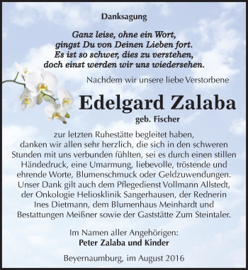 Traueranzeige von Edelgard Zalaba von Mitteldeutsche Zeitung Sangerhausen