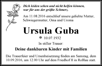 Traueranzeige von Ursula Guba von Mitteldeutsche Zeitung Dessau-Roßlau