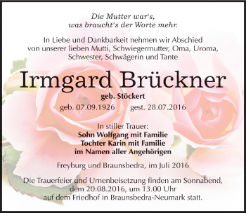 Traueranzeige von Irmgard Brückner von Mitteldeutsche Zeitung Merseburg/Querfurt
