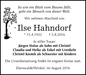 Traueranzeige von Ilse Hahndorf von Mitteldeutsche Zeitung Sangerhausen