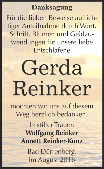 Traueranzeige von Gerda Reinker von Super Sonntag Merseburg