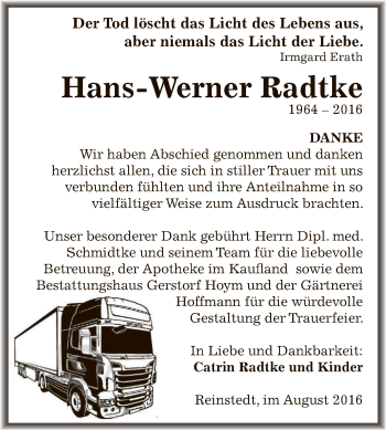 Traueranzeige von Hans-Werner Radtke von Super Sonntag Aschersleben