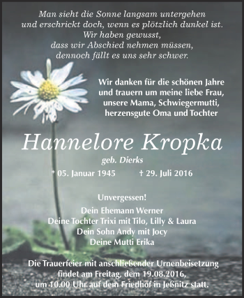 Traueranzeige von Hannelore Kropka von WVG - Wochenspiegel Bitterfeld