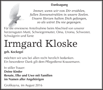 Traueranzeige von Irmgard Kloske von Mitteldeutsche Zeitung Merseburg/Querfurt