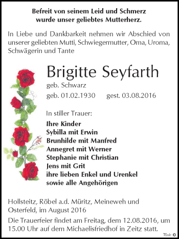 Traueranzeige von Brigitte Seyfarth von Super Sonntag Zeitz