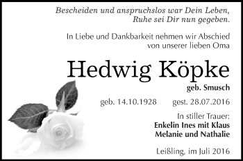 Traueranzeige von Hedwig Köpke von Super Sonntag Zeitz