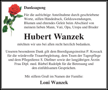 Traueranzeige von Hubert Wanzek von WVG - Wochenspiegel Dessau / Köthen