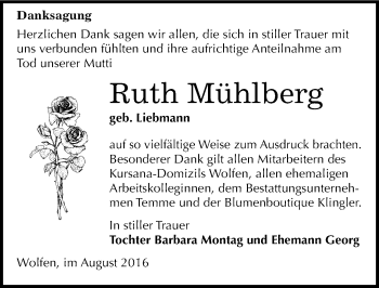 Traueranzeige von Ruth Mühlberg von Mitteldeutsche Zeitung Bitterfeld