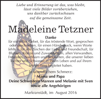 Traueranzeige von Madeleine Tetzner von Mitteldeutsche Zeitung