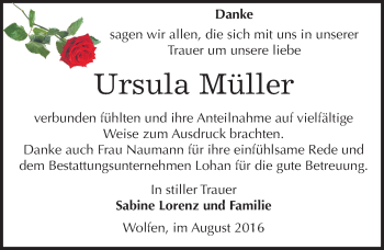 Traueranzeige von Ursula Müller von Mitteldeutsche Zeitung Bitterfeld