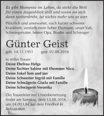 Traueranzeige von Günter Geist von WVG - Wochenspiegel Bitterfeld
