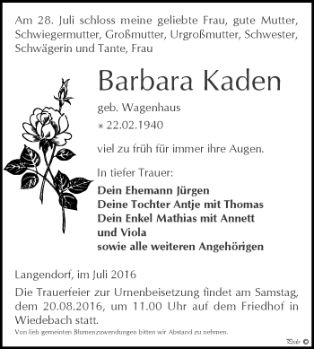 Traueranzeige von Barbara Kaden von WVG - Wochenspiegel NMB / WSF / ZTZ